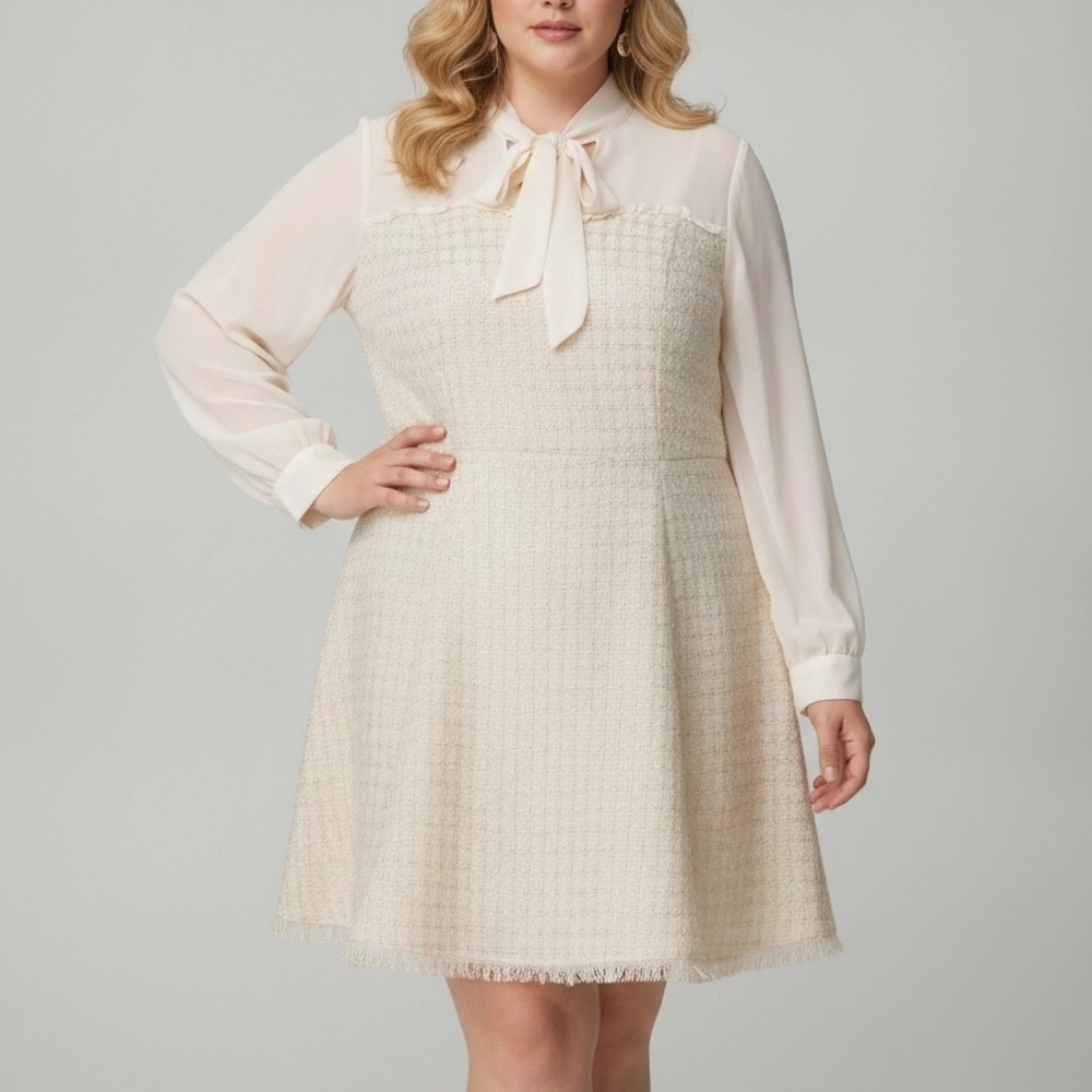 Elegant Cream Tweed A-Line Dress with Bow Tie Collar